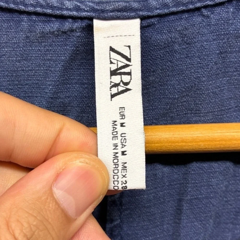 Zara Button Front Romper Womens M Navy Blue Short Sleeve Linen Blend Casual